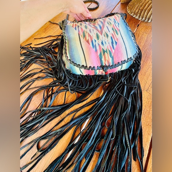 $770~TOTEM SALVAGED Western Saltillo Serape Leather Fringe Crossbody Purse - Picture 12 of 14